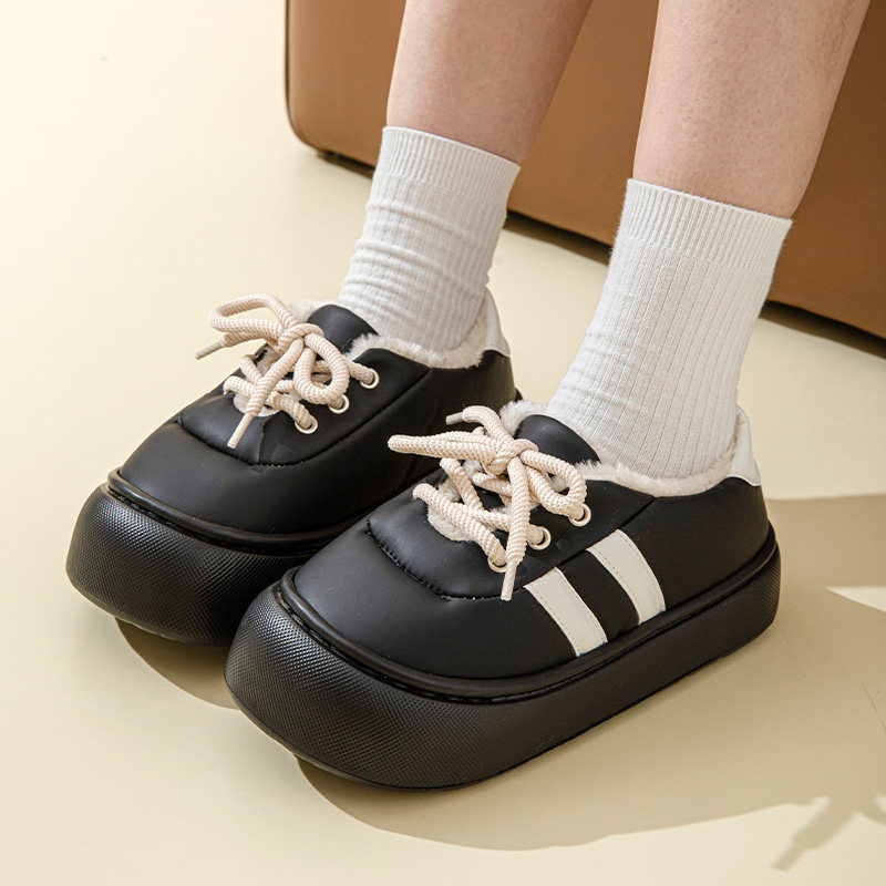 厚底包跟棉拖鞋女冬季2025新款PU防水外穿防滑居家用毛绒保暖棉鞋