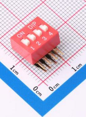 DT-04HT 2.54mm间距 4位 琴键式 90度弯插侧拨凸柄 红色 拨码开关