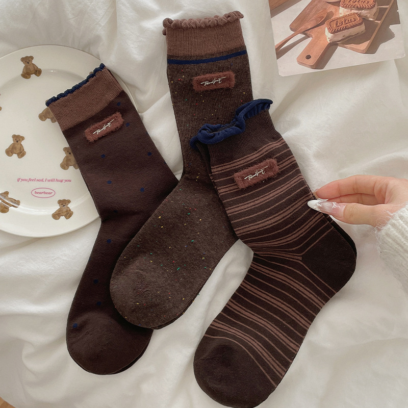 美拉德咖色春秋复古波点条纹植绒布标袜子撞色中筒袜堆堆袜欧货女