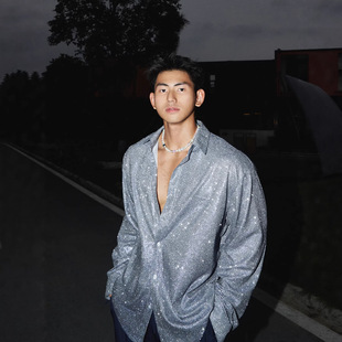 抖音网红歌手亮片biling闪亮珠片反光衬衫男女夜店夜场DJ舞台服装
