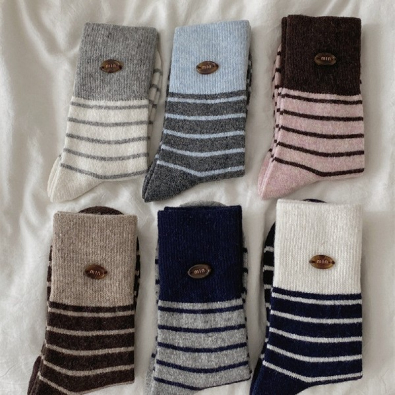 egg纽扣羊毛袜子女秋冬季中筒女袜条纹加厚保暖堆堆袜冬天月子袜