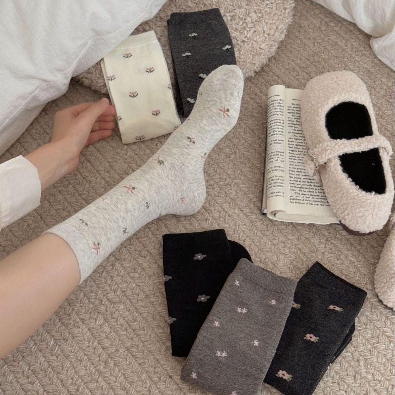 复古小花ins韩系堆堆袜中筒袜女JK堆堆袜日系简约风千金感学院风