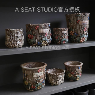 A SEAT STUDIO泰国进口花朵树桩花盆块根绿植手工花盆
