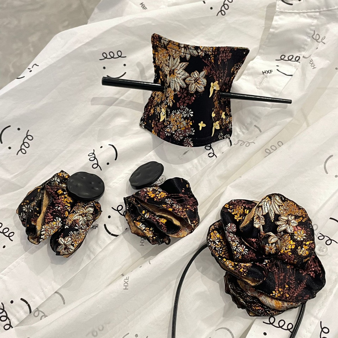 锦缎发钗刺绣花纹双叉簪子暗黑复古风汉服新中式头饰品颈链耳环