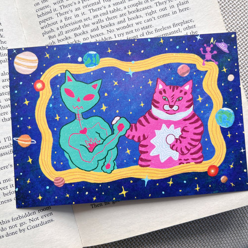 anly明信片｜地球猫与外星猫建交 原创手绘插画 贺卡 外星人