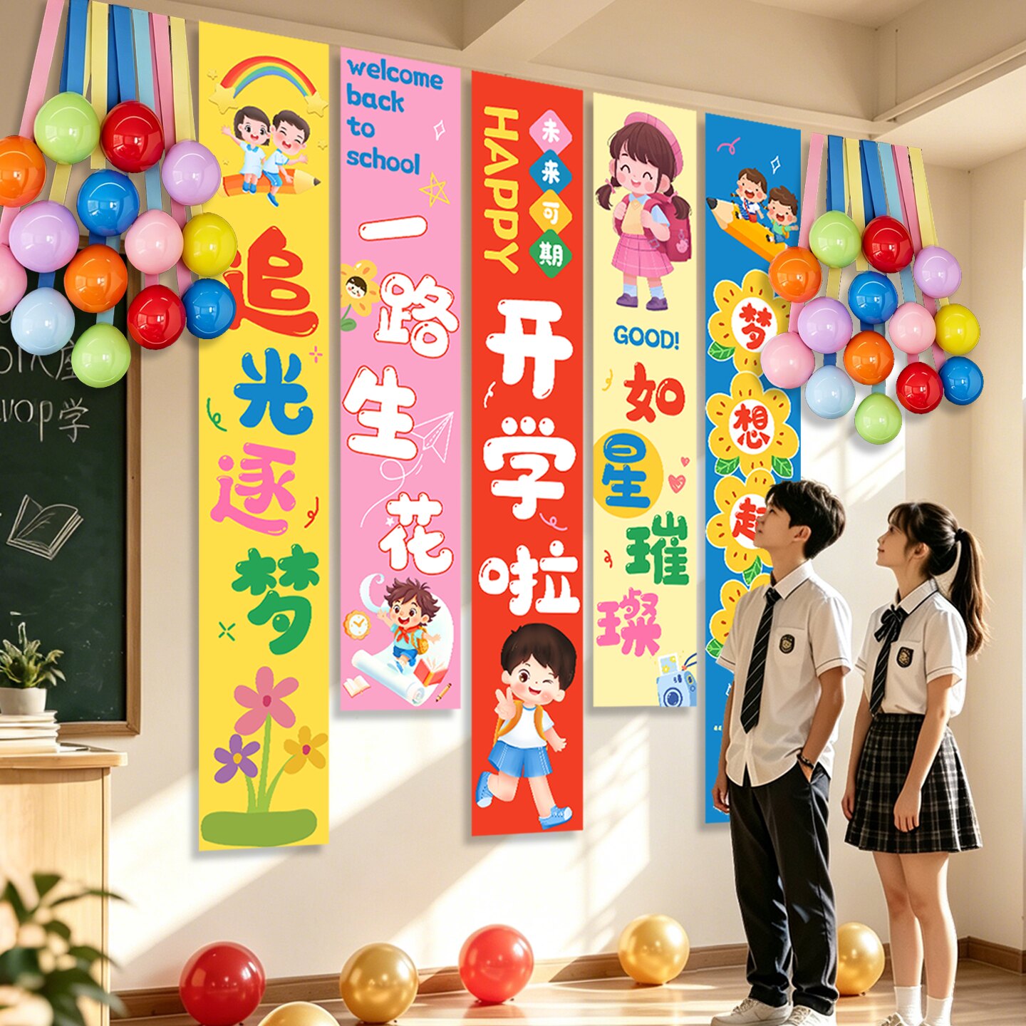 幼儿园开学教室场景装饰挂布条幅图片