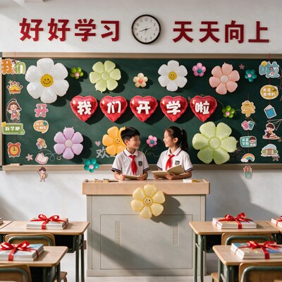 新学期教室黑板布置装饰花朵气球
