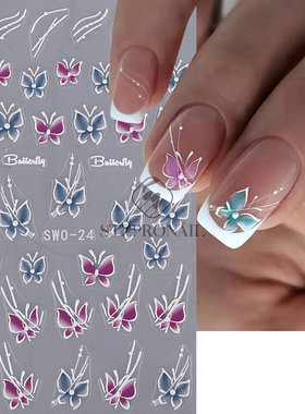 Nail Sticker Summer Blue Purple Petal Butterfly Embossed Fro