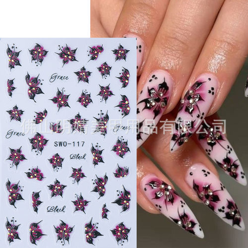 Micro-carved Flower Nail Stickers Summer Dark Hibiscus Lily