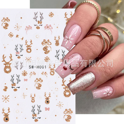 Christmas Glitter Nail Sticker Golden Glitter Snowflake Elk