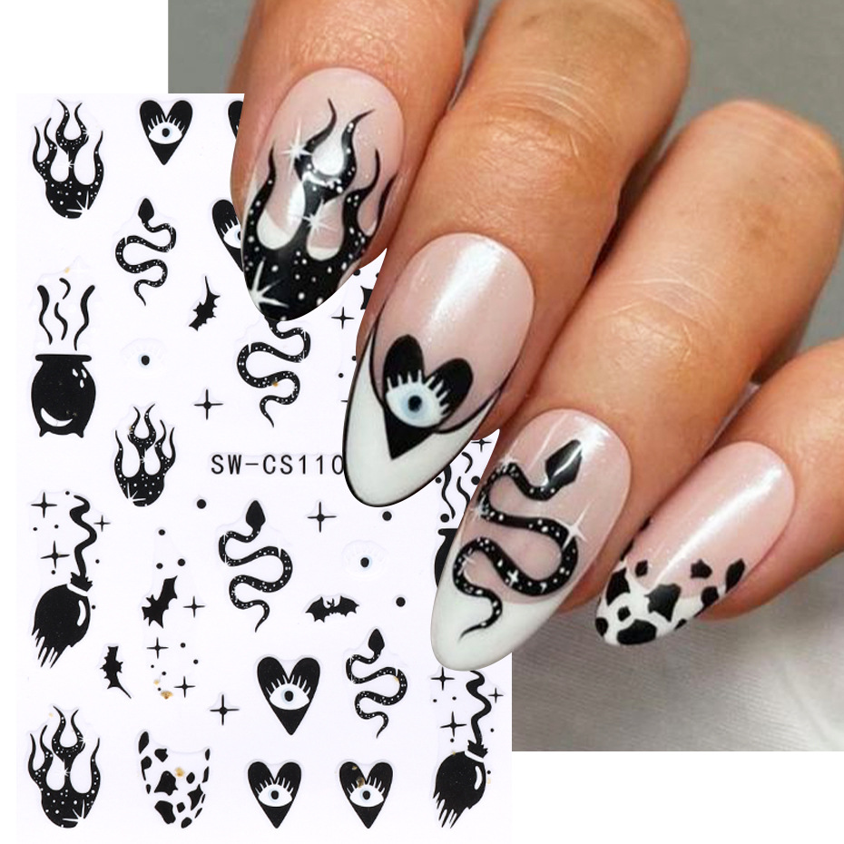 Flame Nail Sticker Sweet Cool Black And White Flame Snake Gr