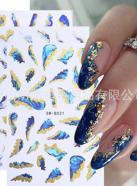 Marble Skinny Nail Sticker Waves Blue Gold Foil Fragment Adh