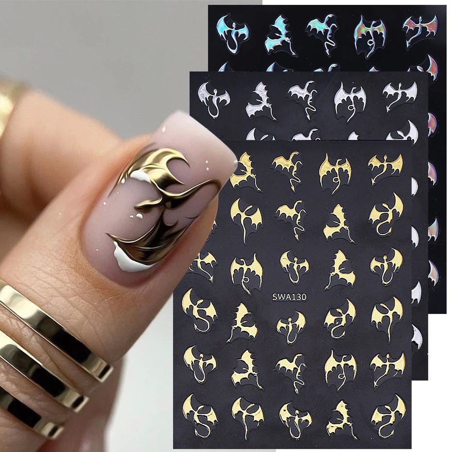 3pcs Metallic Flying Dragon Nails Stickers Gold Silver Laser