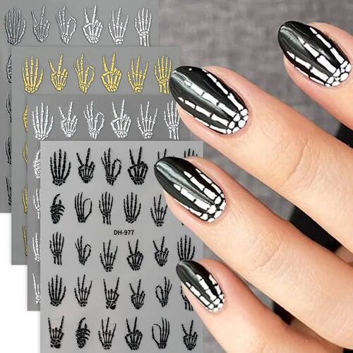 2/4PCS Punk Black White Skeleton Hand Nail Art Sticker Golde
