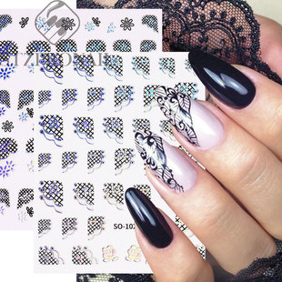 Nail Sticker Black Lace Flower French Laser Mirror Adhesive