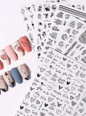 1PCS Black White Love Nail Stickers Letter Nail Design Flowe