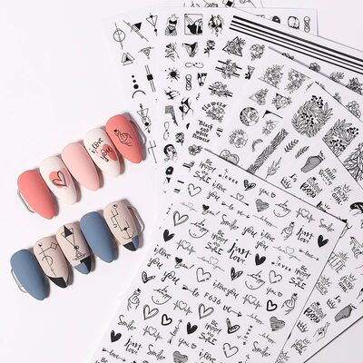 1PCS Black White Love Nail Stickers Letter Nail Design Flowe