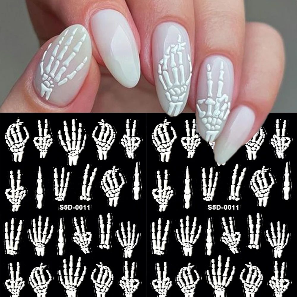 5D HalloweenChristmas Nail Stickers Relief White Skeleton/Bl
