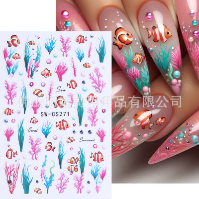 Summer Nail Stickers Underwater World Sea Grass Coral Tropic