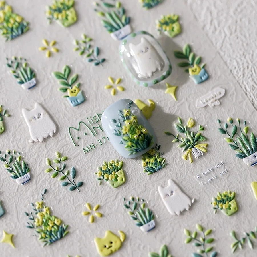 Lovely Cat Green Potted Plant Flowers 5D Embossed Reliefs Se