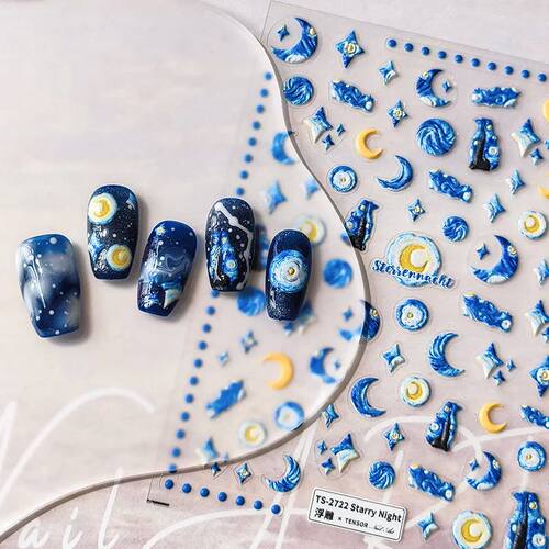 1Pc of 5D blue moon nail stickers planet star relief design