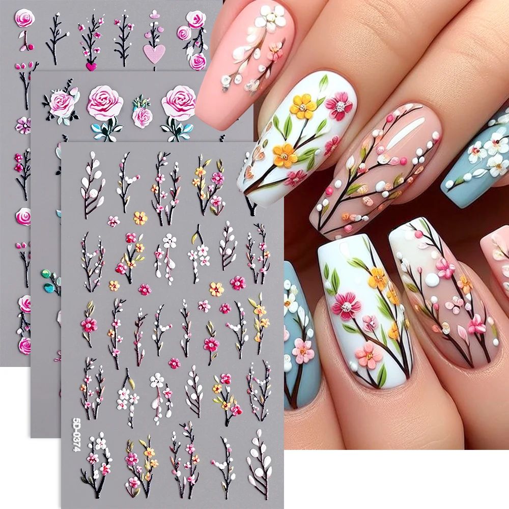 1Pcs 5D Embossed Sakura Flower Nail Art Stickers Lavender/Ro