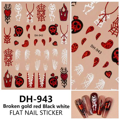 1/5PCS Halloween Nail Stickers Heart Skull Flame Spider Web