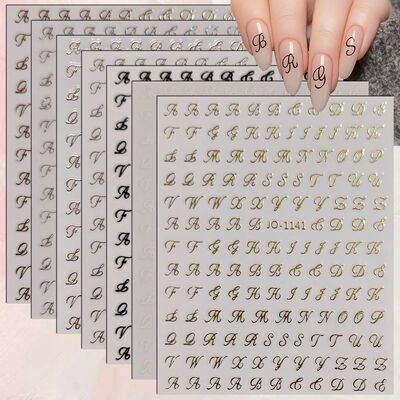 2 to 35 Sheets 3D Cursive Alphabet Letter Nail Decals Gold S
