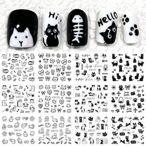 12pcs Cartoon Cute Cat Stickers For Nails Star Flower Bow Na