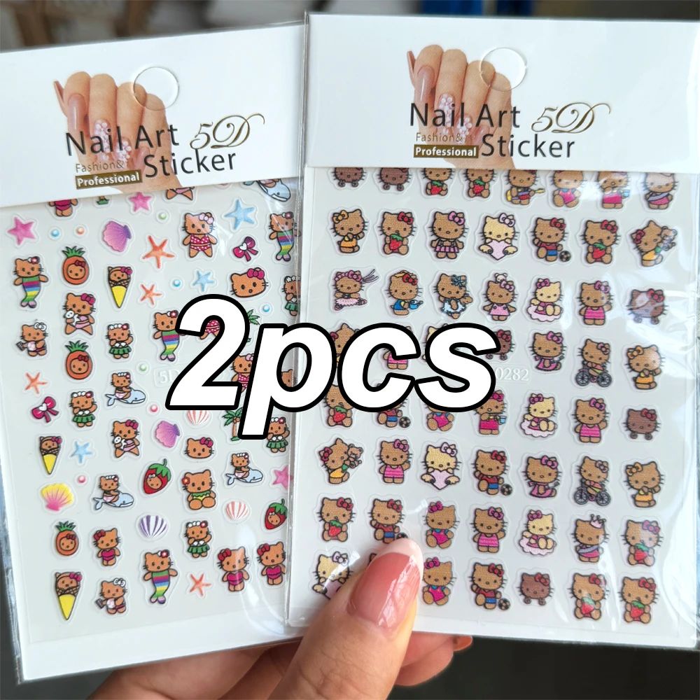 2pcs/set Summer Tanning Cat 5D Nail Stickers Embossed Kawaii