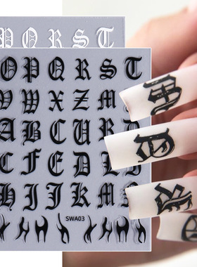Black and white retro fancy English letter nail stickers wit