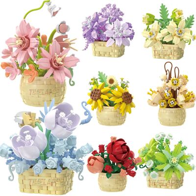 DIY MOC Potted Rose Sunflower Plants Succulents Bonsai Tree