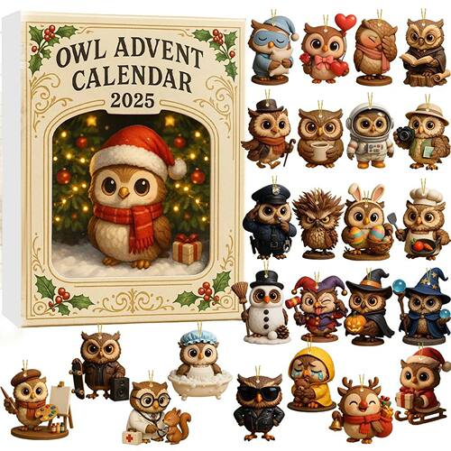 Owl Advent Calendar with 2D Flat Acrylic Owl Ornaments 24 Da