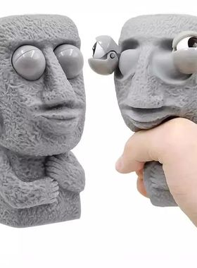 Stone man releases stress toy slowly rebounds soft Moai stat