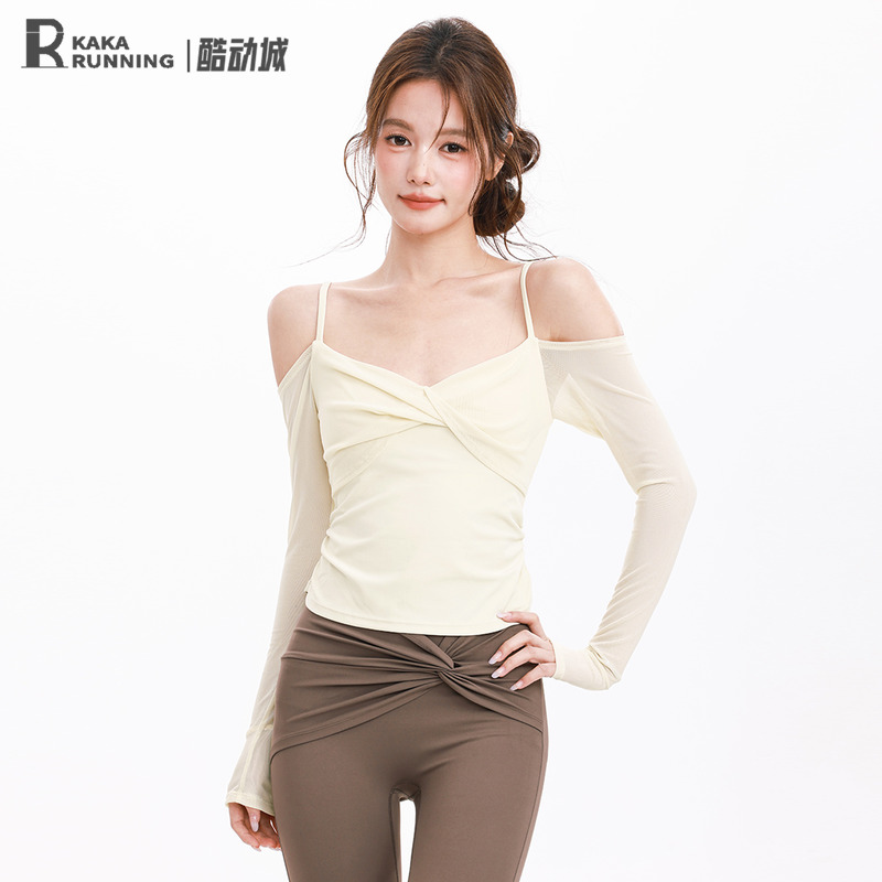 奔跑吧卡卡固定杯运动上衣女露肩吊带瑜伽服长袖高级感T恤健身服