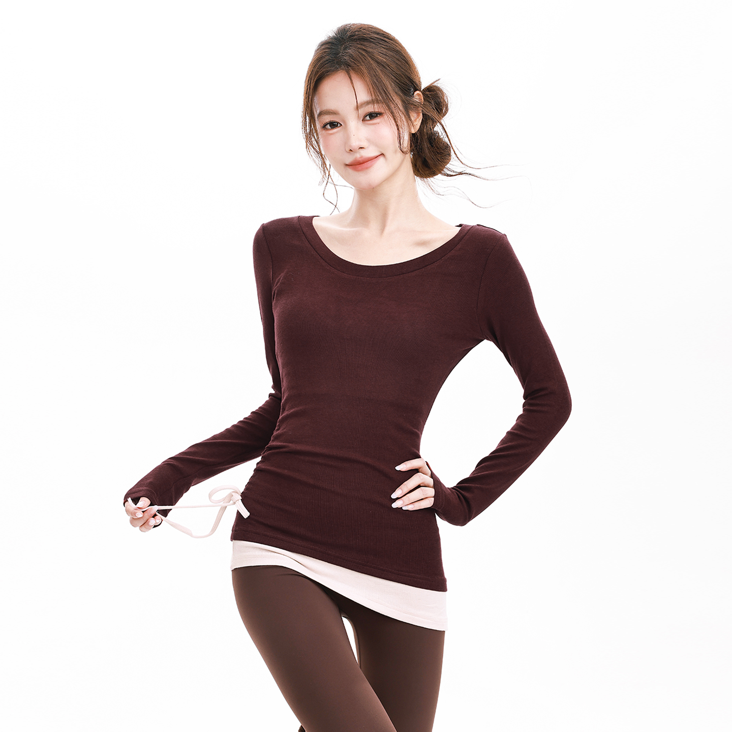 奔跑吧卡卡运动上衣女撞色绑带瑜伽服中长款修身显瘦长袖健身服T