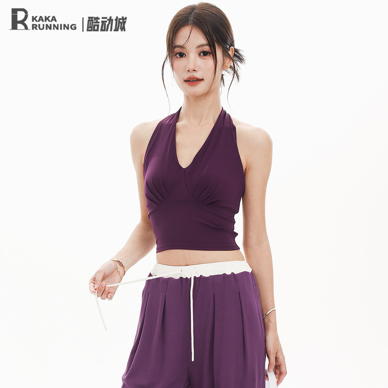 奔跑吧卡卡固定杯运动内衣女v领挂脖瑜伽服健身外穿性感美背背心
