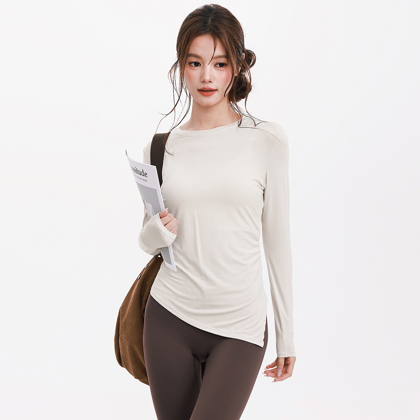 奔跑吧卡卡云柔瑜伽外穿打底衫上衣高级感T恤修身健身开叉长袖女