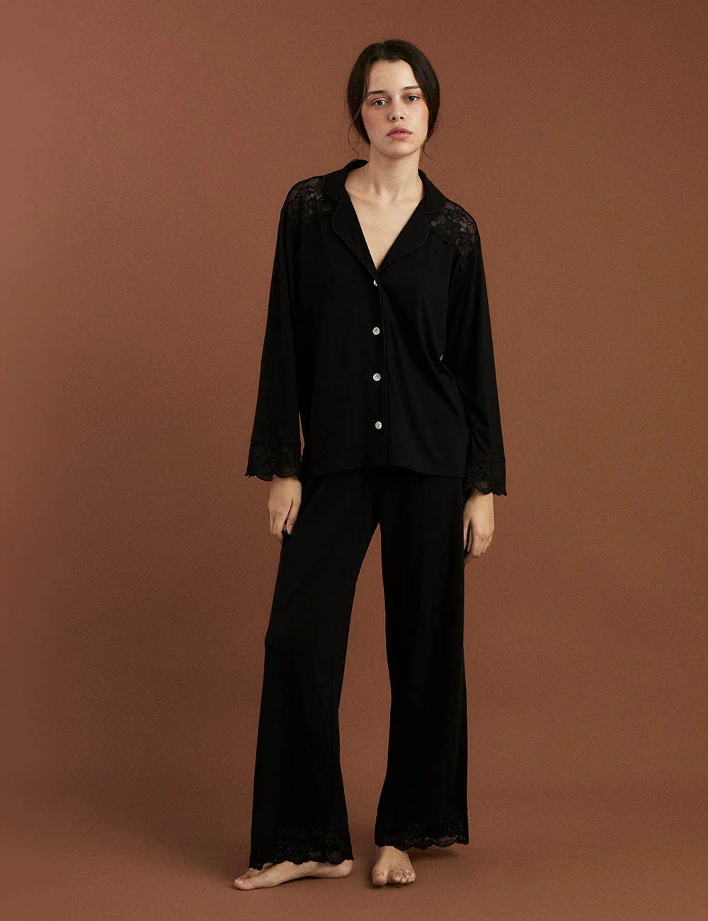 新品 小众高端莫代尔法式蕾丝舒适柔软家居服长袖长裤女款睡衣