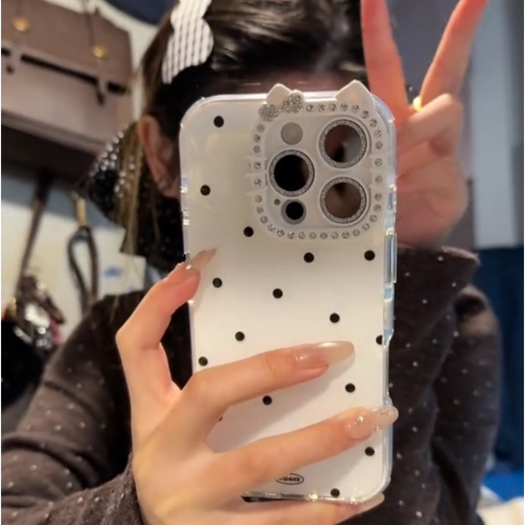 少女心ins风满屏波点闪钻KT猫耳全包镜头适用于iPhone17promax苹果16手机壳15Pro新11高级12带钻13防摔14镶钻