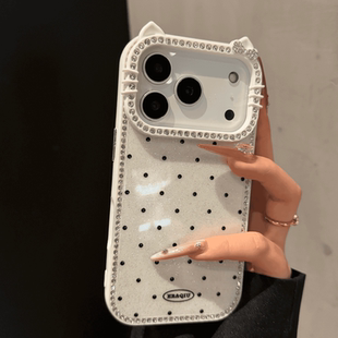 ins风少女心满屏波点双面闪钻KT猫耳镜头适用于iPhone17promax手机壳15Pro新高级16闪粉带钻13防摔14plus镶钻
