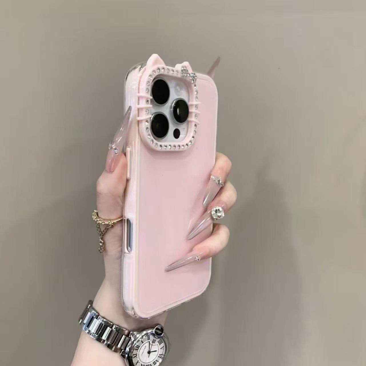 ins多巴胺果冻KT猫镜头适用于iPhone16promax苹果17手机壳15Pro新11高级12网红13闪钻14plus镶钻ProMax防摔套