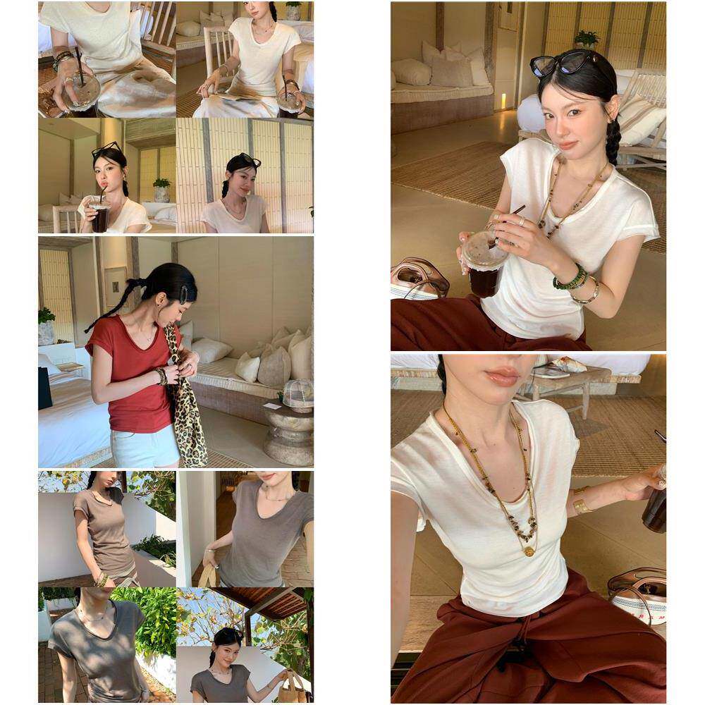 HAMYIHO 白色棉麻1/4吋套筒扳手袖上衣天丝亚麻V领短袖T恤女夏季