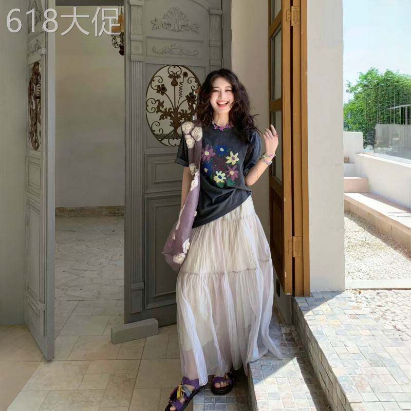 2026超火夏日一整套ootd穿搭套装仙女半身裙子韩系宽松T恤两件套