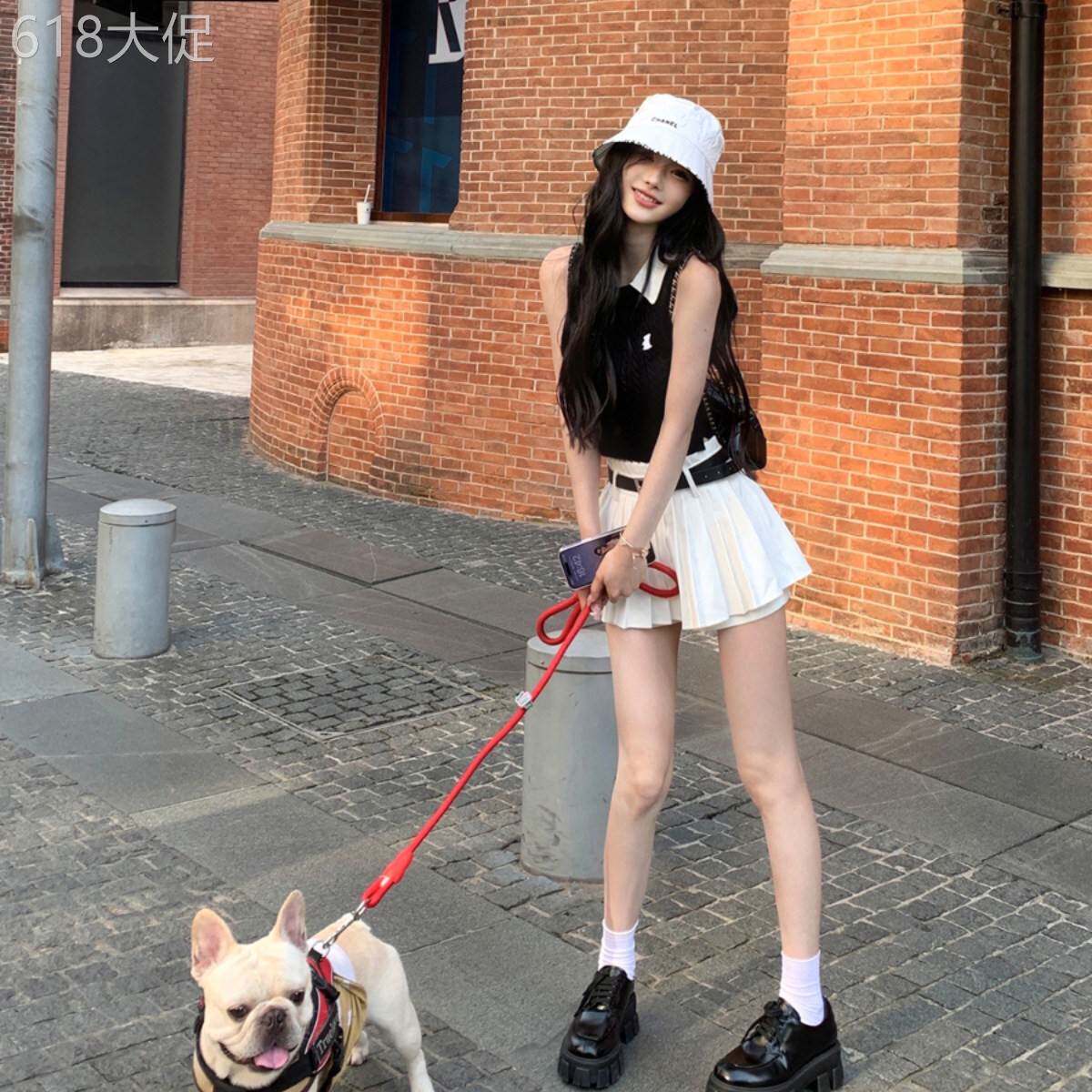 学院风polo领修身针织背心女夏季短款上衣小个子百褶短裙两件套装