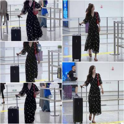 黑色波点洋装女夏2026新款大尺码气质收腰显瘦V领茶歇连身长裙子