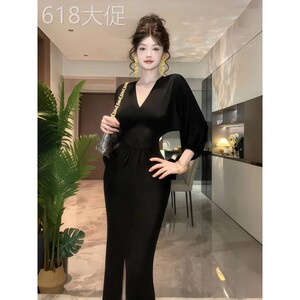 instahot 性感V领中袖黑色连衣裙女秋季法式高级气质收腰开叉长裙