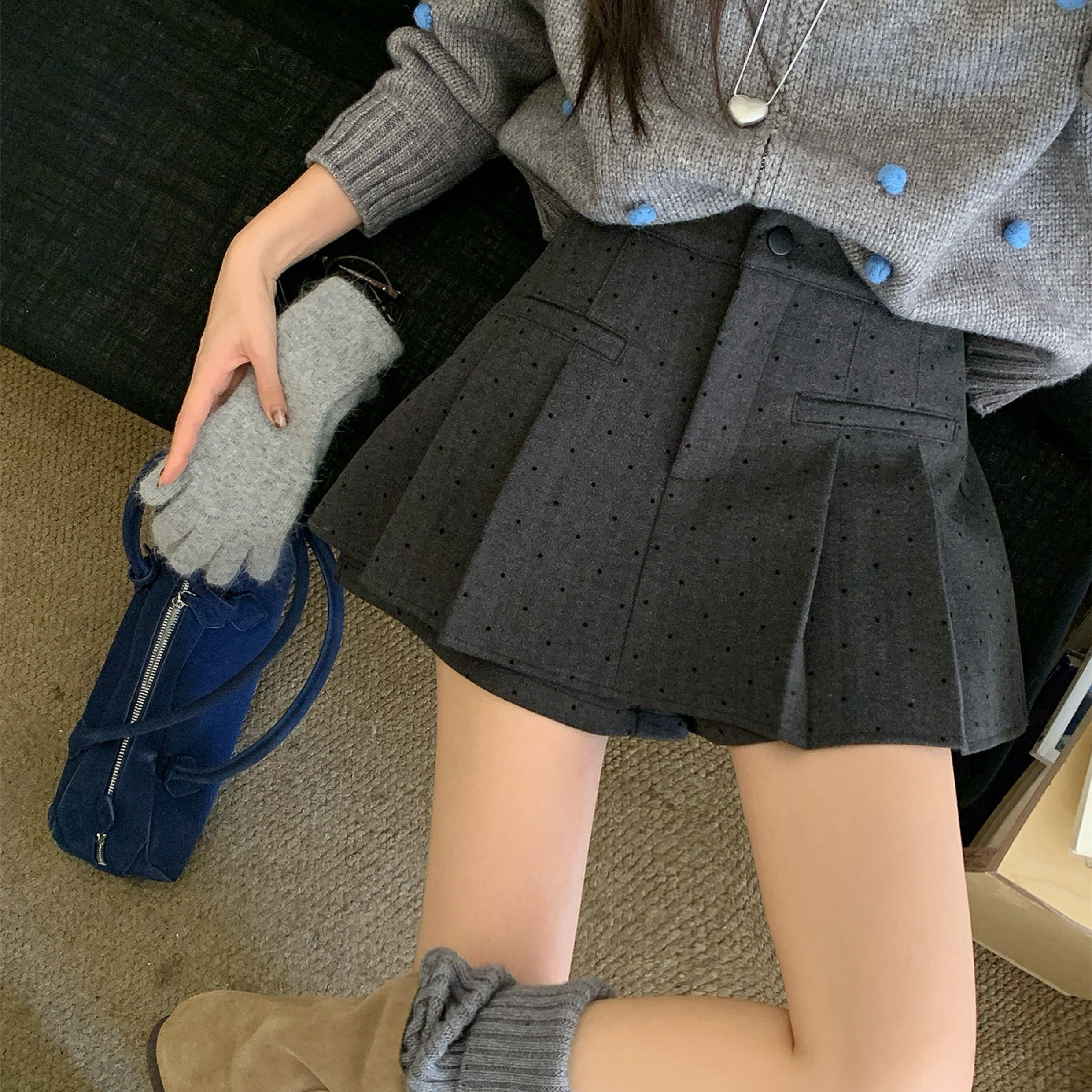 韩系高腰显瘦百搭百褶裙a字毛呢半身裙灰色系呢子短裙miu系秋冬女