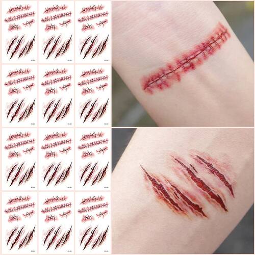 12 Sheets 3D Fake Wound Scar Temporary Tattoos Zombie Sticke
