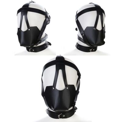 PU Leather Harness Hollow Out Bondage Hood Adult Halloween N